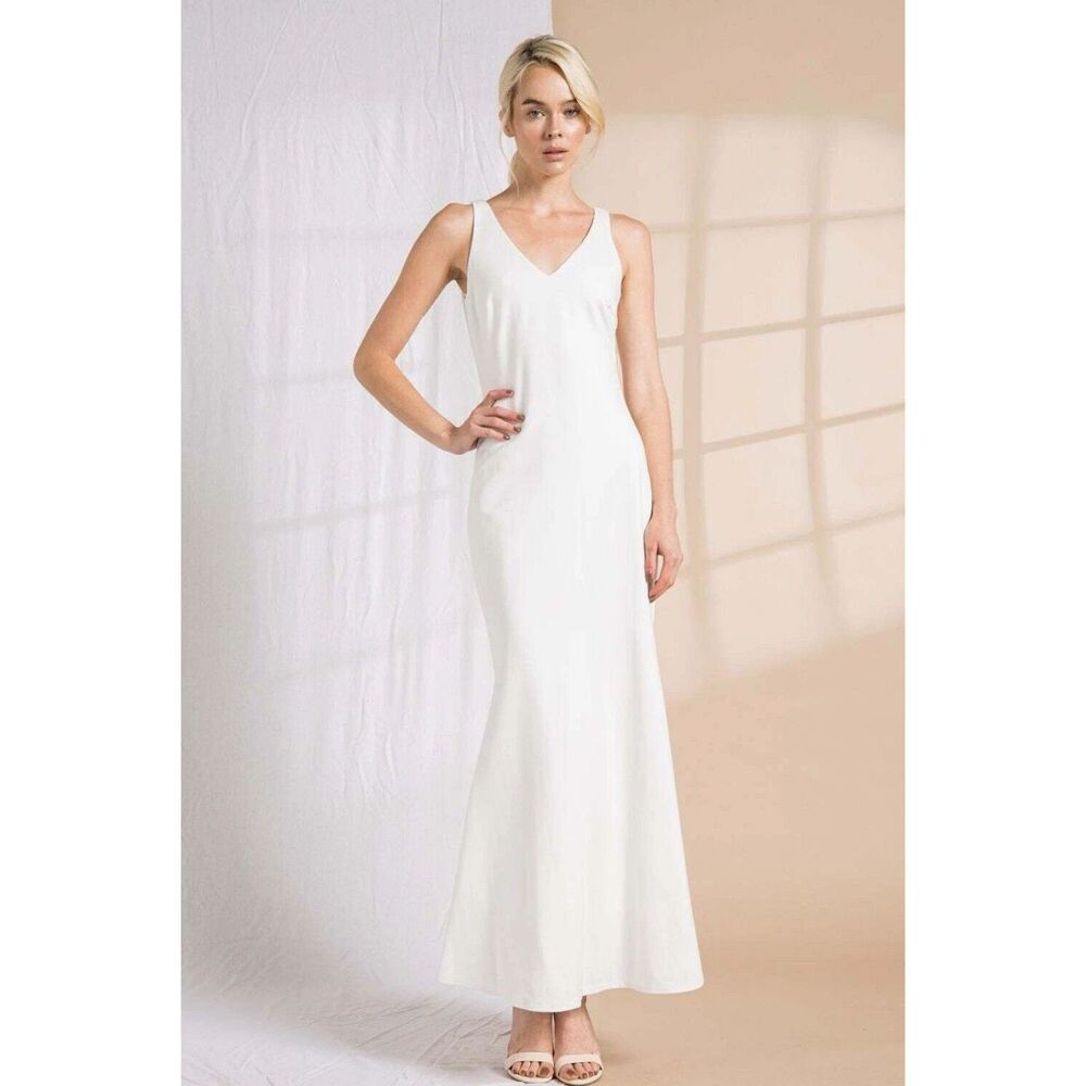 Luna Rish Lena Women Woven V- Neck White Maxi Dress Wedding Sz. Large